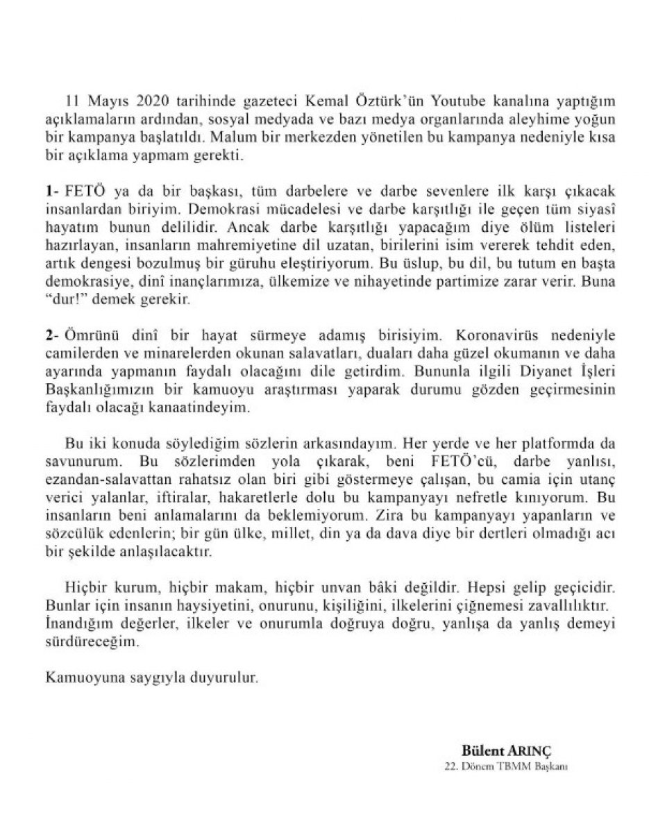 Bülent Arınç, sözlerinin arkasında durdu