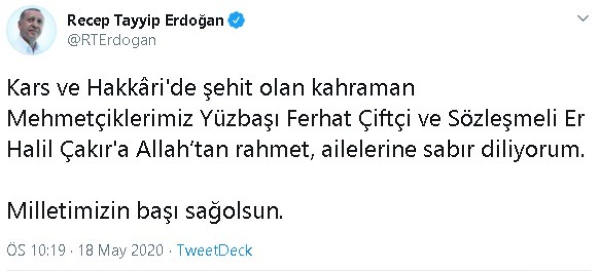 Cumhurbaşkanı Erdoğan’dan şehitler için taziye mesajı