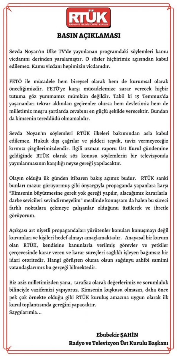 RTÜK Başkanı Şahin: Sevda Noyan'ın sözleri kabul edilemez