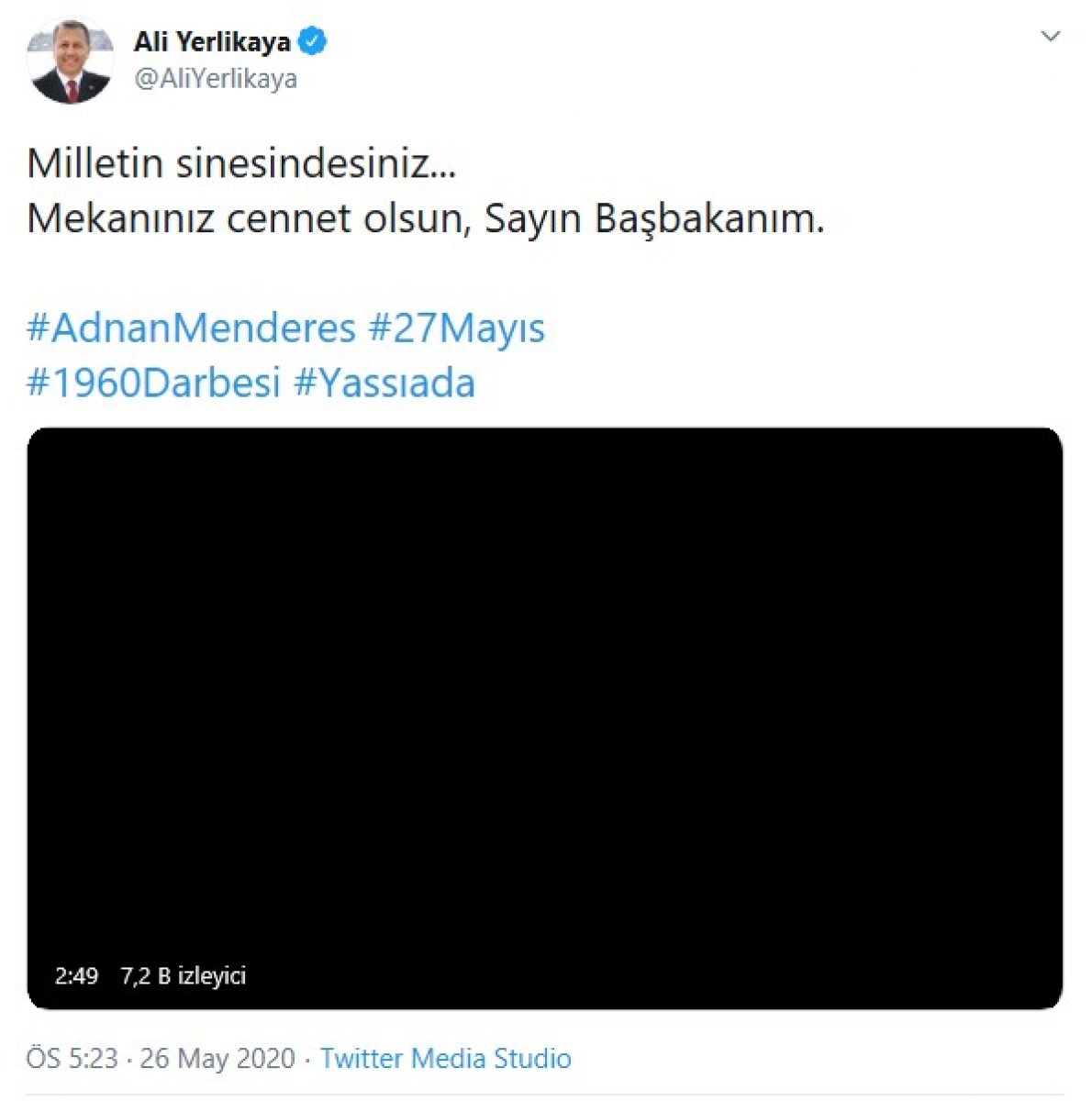 Ali Yerlikaya'dan Adnan Menderes paylaşımı