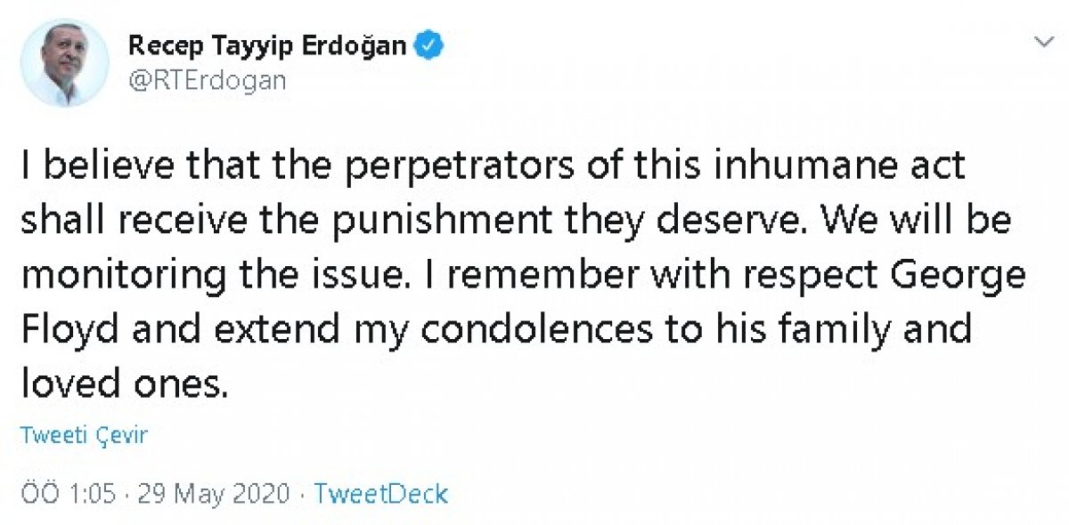 Cumhurbaşkanı Erdoğan, ABD'deki polis şiddetini kınadı