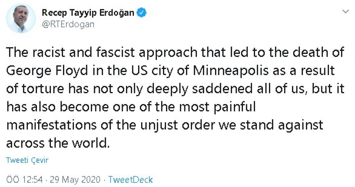Cumhurbaşkanı Erdoğan, ABD'deki polis şiddetini kınadı