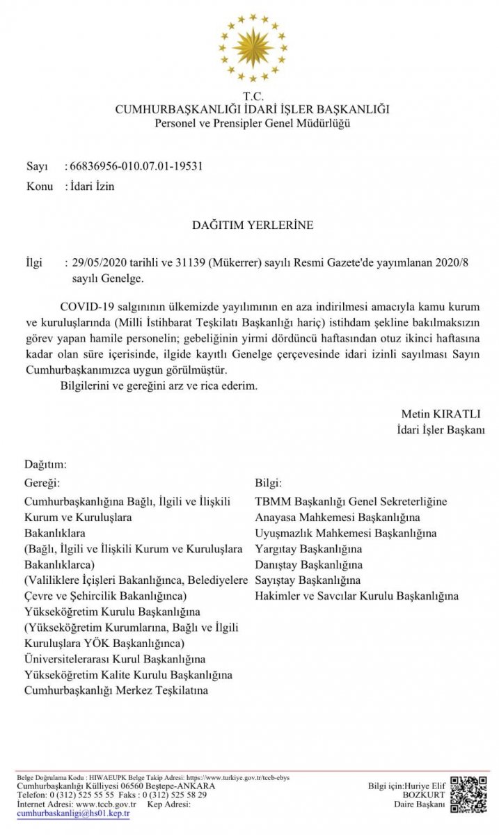 Kamuda hamile personele idari izin