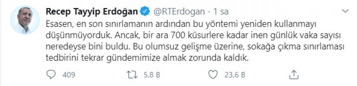 Cumhurbaşkanı Erdoğan sokağa çıkma yasağını iptal etti