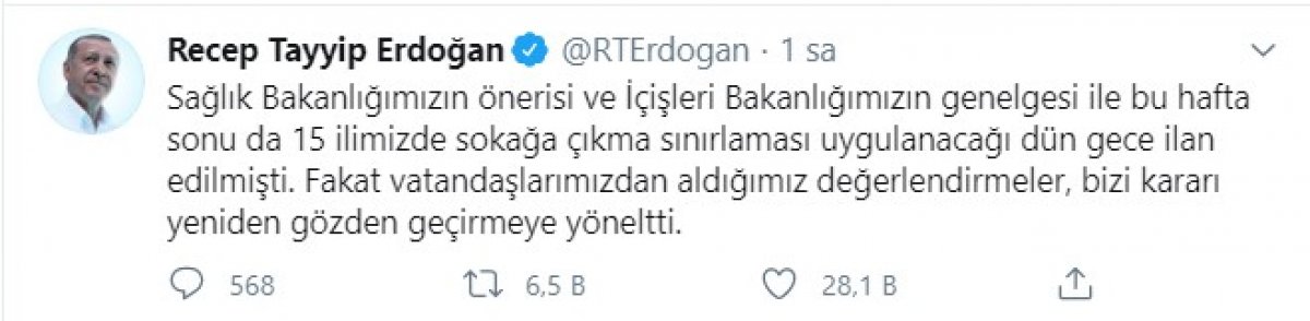 Cumhurbaşkanı Erdoğan sokağa çıkma yasağını iptal etti
