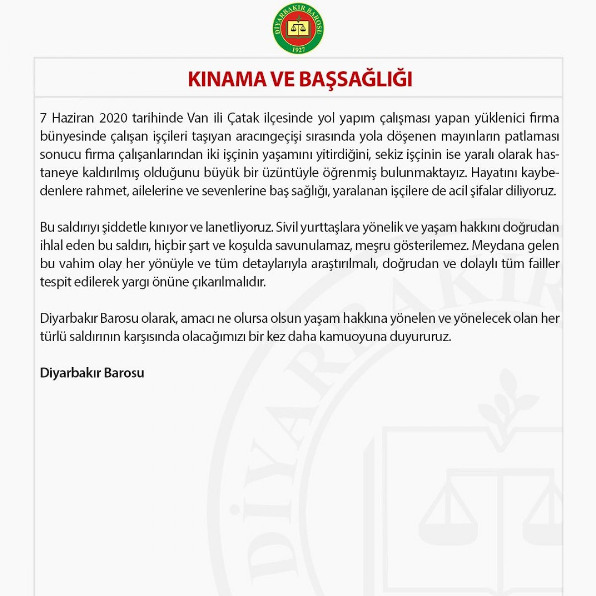 Diyarbakır Barosu, PKK'yı anmadan terörü kınadı