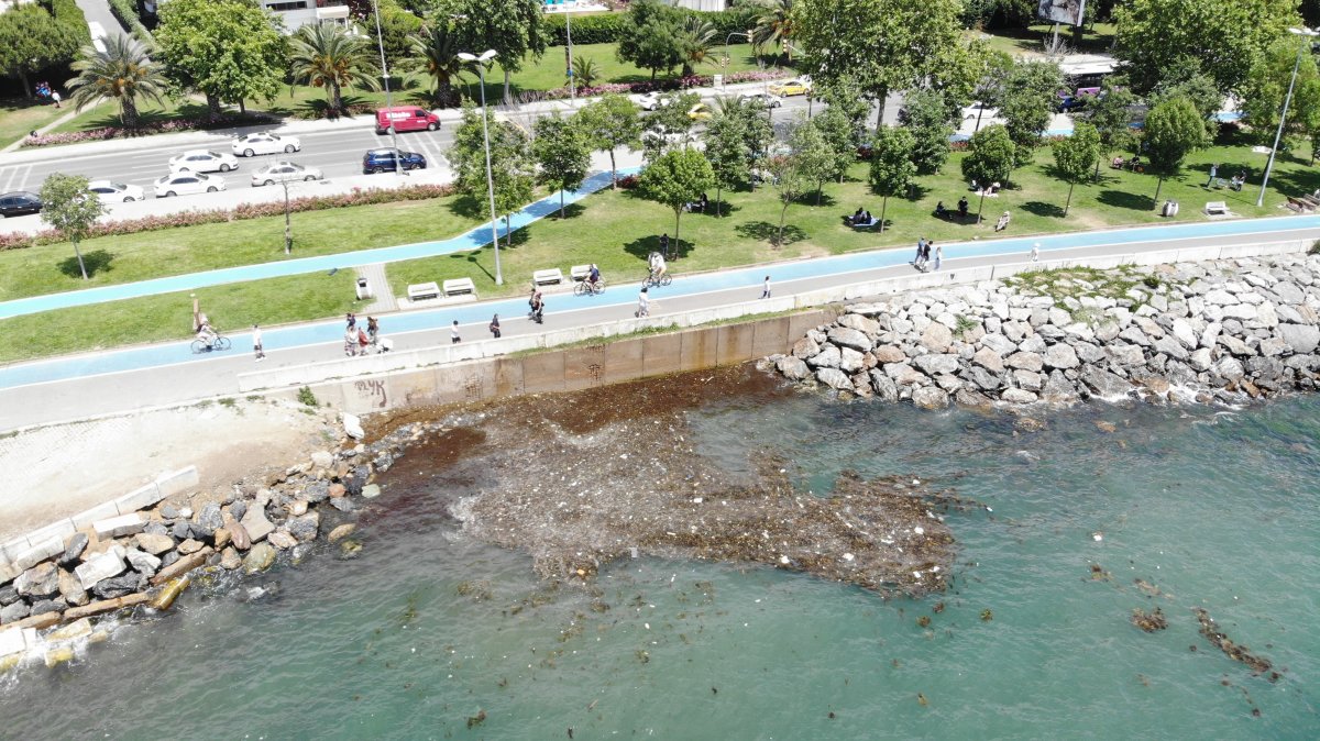 i Caddebostan Sahili'nde oluşan çöpler havadan görüntülendi