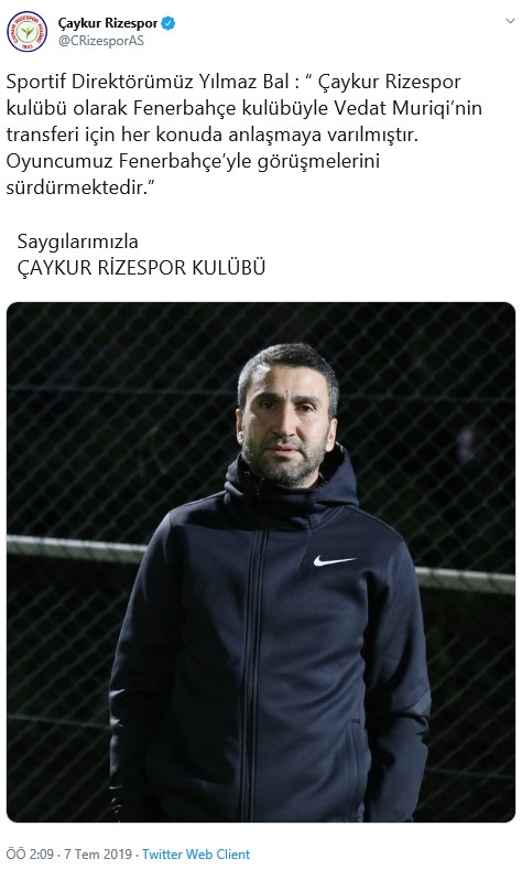 Çaykur Rizespor: Vedat Muriç için Fenerbahçe ile anlaştık