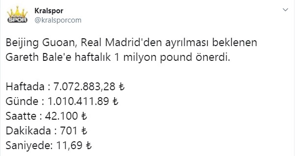 Bale'e çılgın teklif: Haftalık 1 milyon pound
