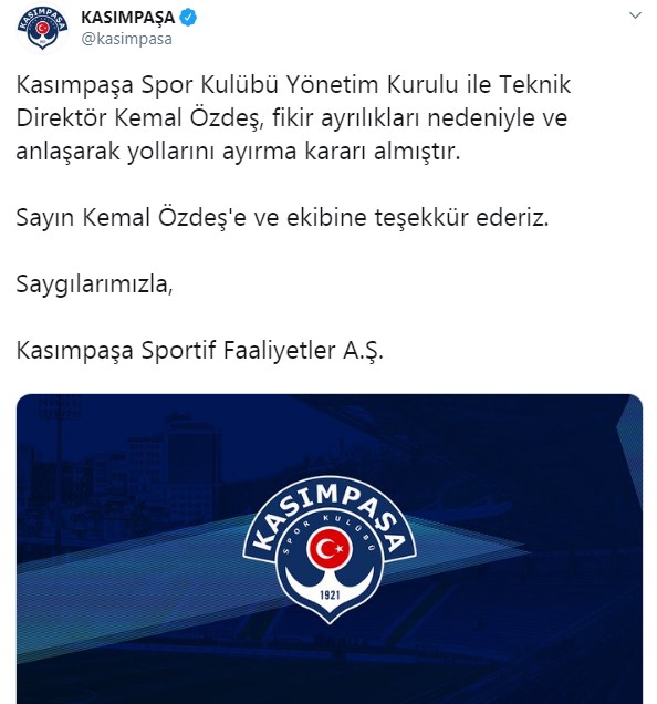 Kasımpaşa, Kemal Özdeş'le yollarını ayırdı