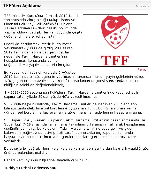 TFF'den limit artırımı açıklaması