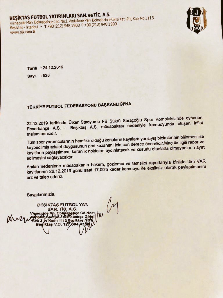Beşiktaş'tan TFF'ye VAR başvurusu