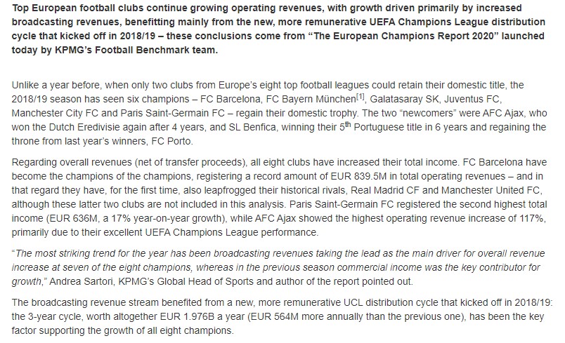 Avrupa'da geçen sezon şampiyon olan takımların gelirleri