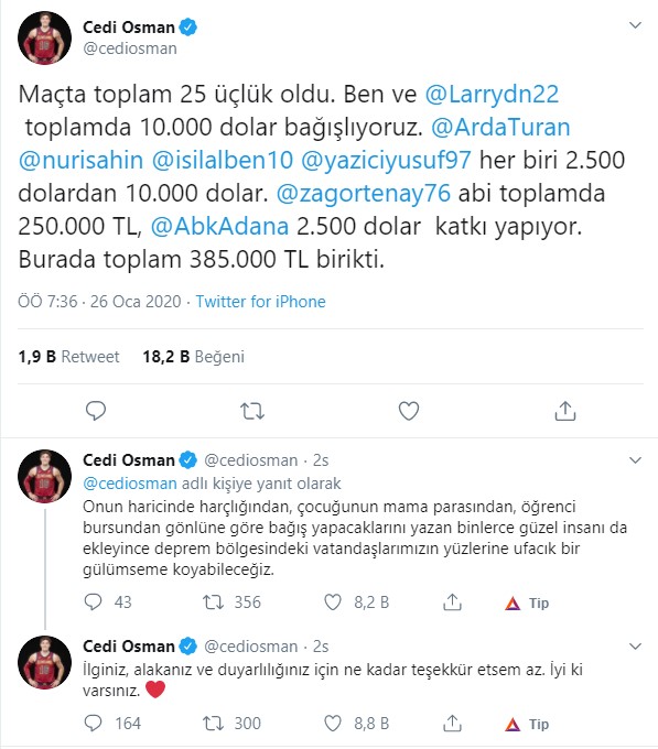 Cedi Osman'dan Elazığ için destek kampanyası
