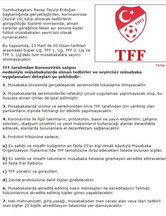 TFF'den koronavirüs kararları