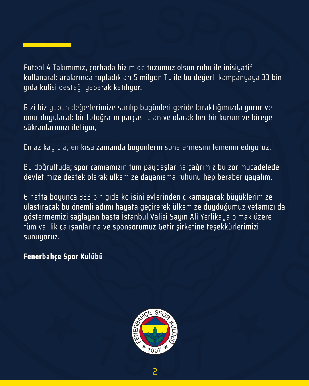 Fenerbahçe’den 33 bin gıda kolisi yardımı