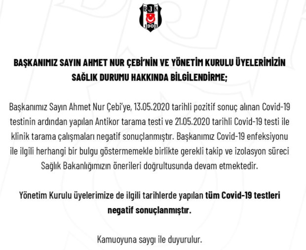 Başkan Ahmet Nur Çebi'nin son testi negatif çıktı