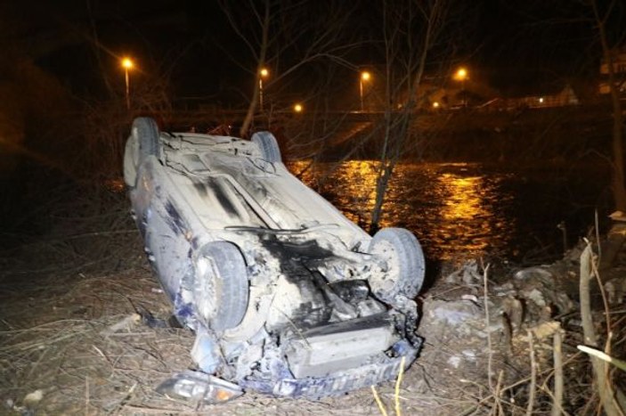 Alkollü sürücü, aracıyla çaya düşerken ağaçlara takıldı