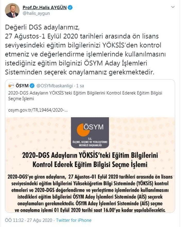 ÖSYM Başkanı Aygün'den 'DGS' açıklaması -1