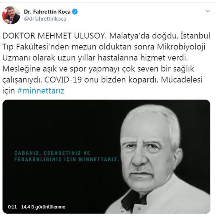 Bakan Koca'dan doktor Mehmet Ulusoy paylaşımı