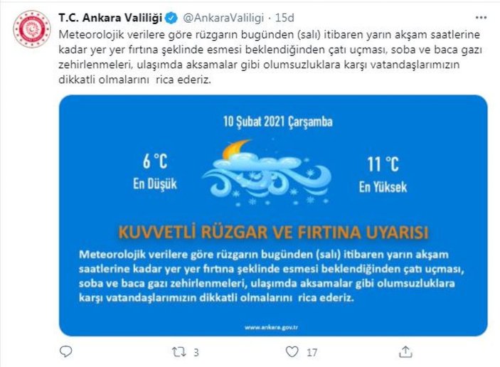 Ankara Valiliği'nden 'fırtına' uyarısı -1