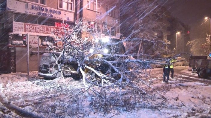 Kağıthane’de yoğun kar yağışı nedeniyle yol kenarındaki ağaç devrildi -1