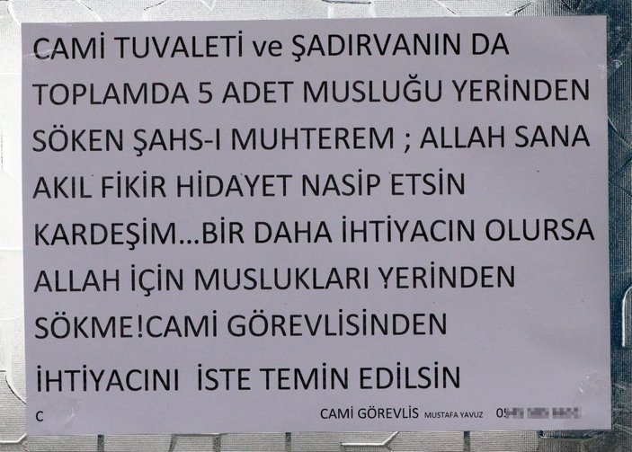 Burdur'da imam musluk hırsızları için not yazdı