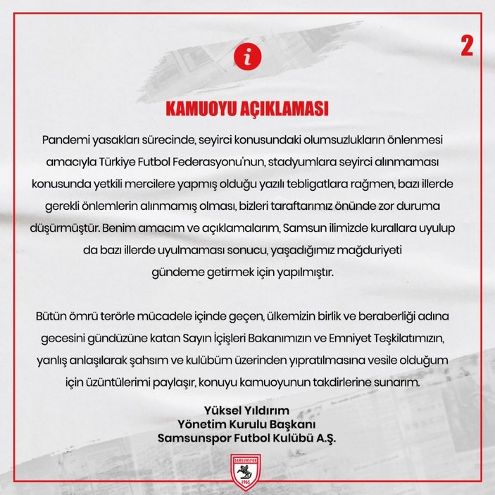 Samsunspor Başkanı Yüksel Yıldırım: Yanlış anlaşıldım