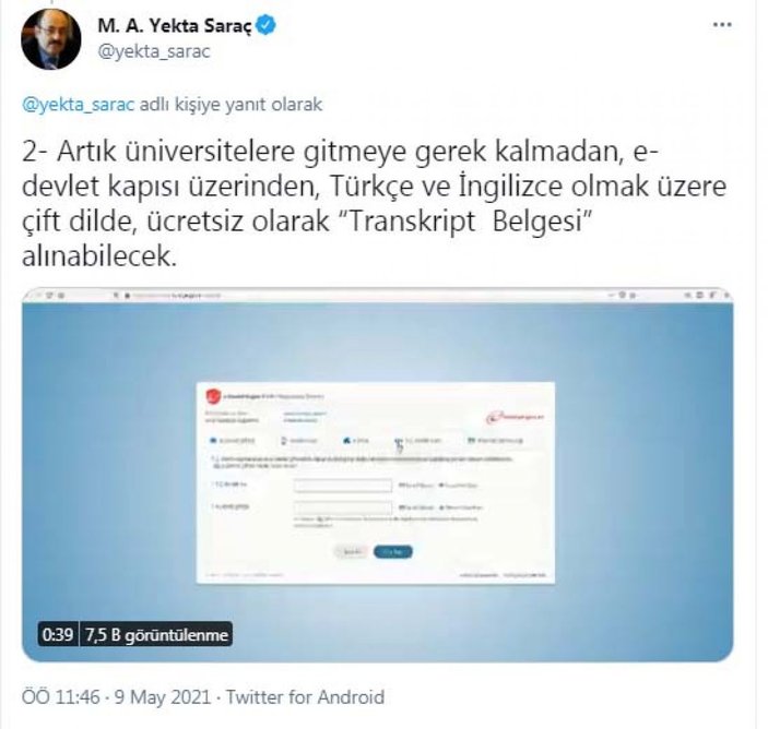 YÖK Başkanı Saraç: Transkript  Belgesi, e-devlet kapısı üzerinden alınabilecek -1