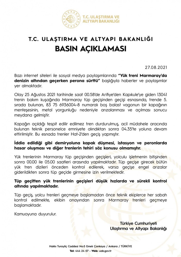 Ulaştırma ve Altyapı Bakanlığından Marmaray açıklaması