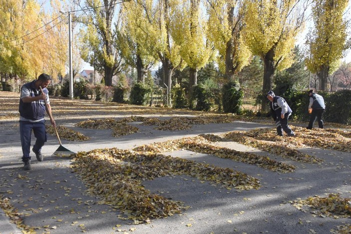 Temizlik işçileri ağaçlardan dökülen yapraklarla 'Atam İzindeyiz' yazdı -10