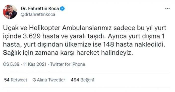 Bakan Koca'dan 'hava ambulans filosu' paylaşımı -1
