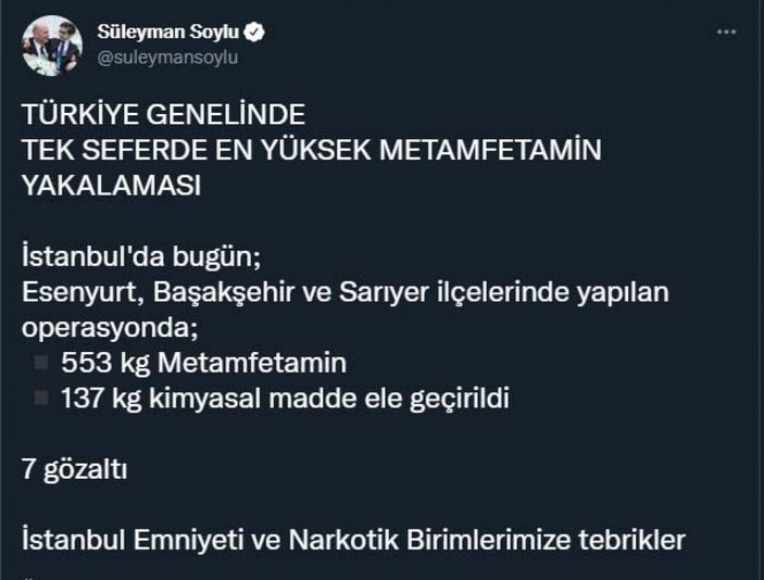 Bakan Soylu: İstanbul'da 553 kilo metamfetamin, 137 kilo kimyasal madde ele geçirildi -1