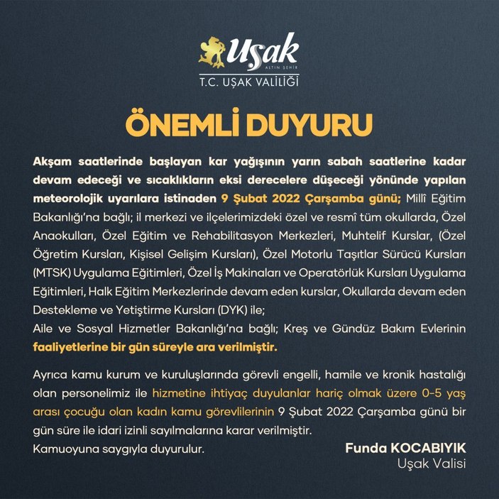 Uşak'ta okullara 'kar' tatili -2