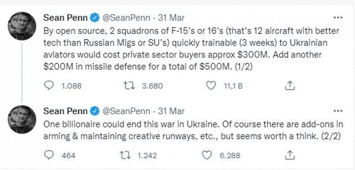 ABD’li film yıldızı Sean Penn, milyarderleri Ukrayna için savaş uçağı almaya çağırdı -1