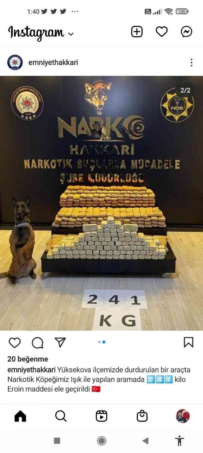 i Hakkari'de bir araçta 241 kilo eroin ele geçirdi