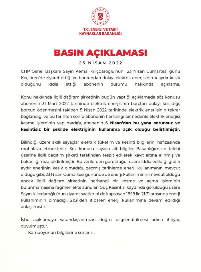 Enerji ve Tabii Kaynaklar Bakanlığından, Kılıçdaroğlu'nun 23 Nisan'da ziyaret ettiği eve ilişkin açıklama -2
