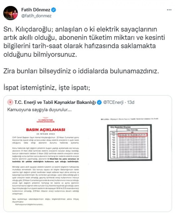 Enerji ve Tabii Kaynaklar Bakanlığından, Kılıçdaroğlu'nun 23 Nisan'da ziyaret ettiği eve ilişkin açıklama -1
