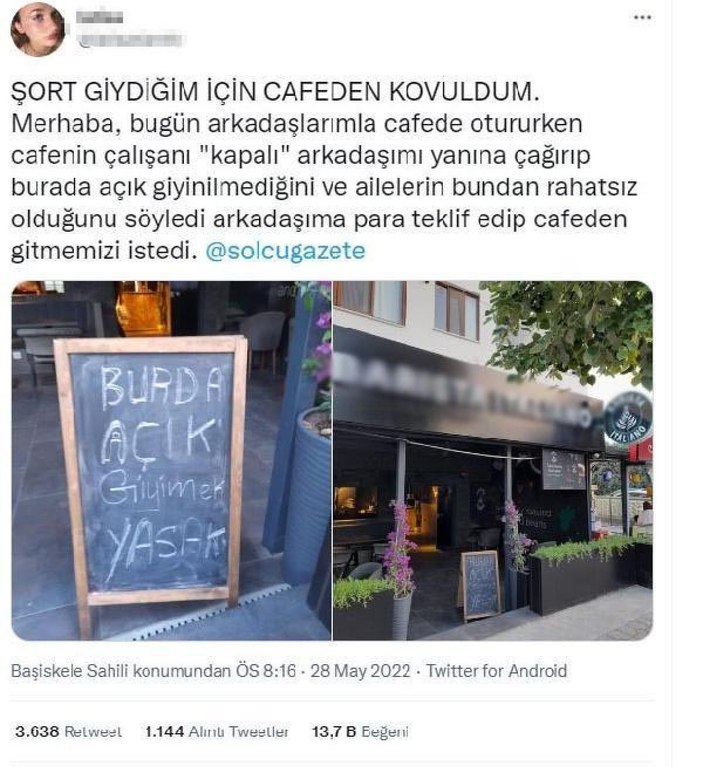 Kocaeli'de 'Açık giyinmek yasaktır’ yazılı kafeye şortla giren genç kız kovuldu
