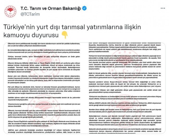 Tarım ve Orman Bakanlığı: Türkiye Cumhuriyeti Devleti adına yurt dışında arazi kiralanması söz konusu değildir -1