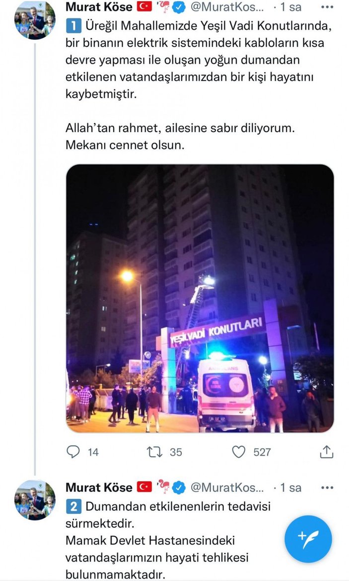 Ankara'da 15 katlı apartmanın 13'üncü katında yangın: 1 ölü -6