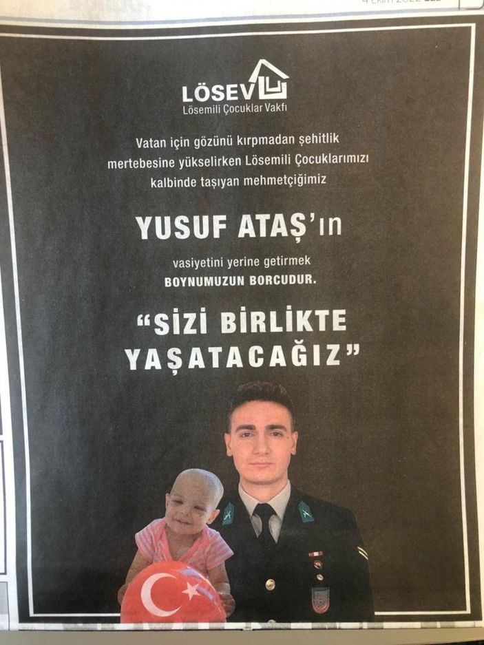 d Şehit Yusuf Ataş'ın vasiyeti yerine getirildi