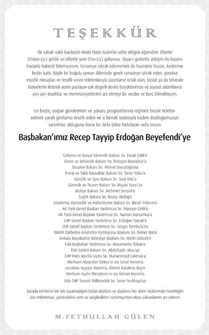 Fethullah Gülen'den başsağlığı dileyenlere teşekkür ilanı