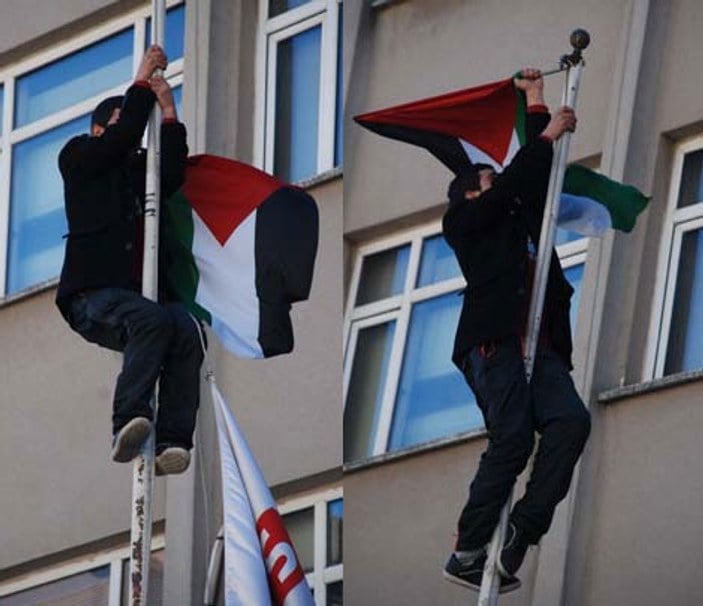Samanyolu TV'ye Filistin bayrağı çektiler İZLE