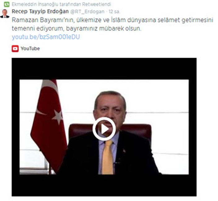 Ekmeleddin İhsanoğlu Erdoğan'ın Twitter mesajını paylaştı