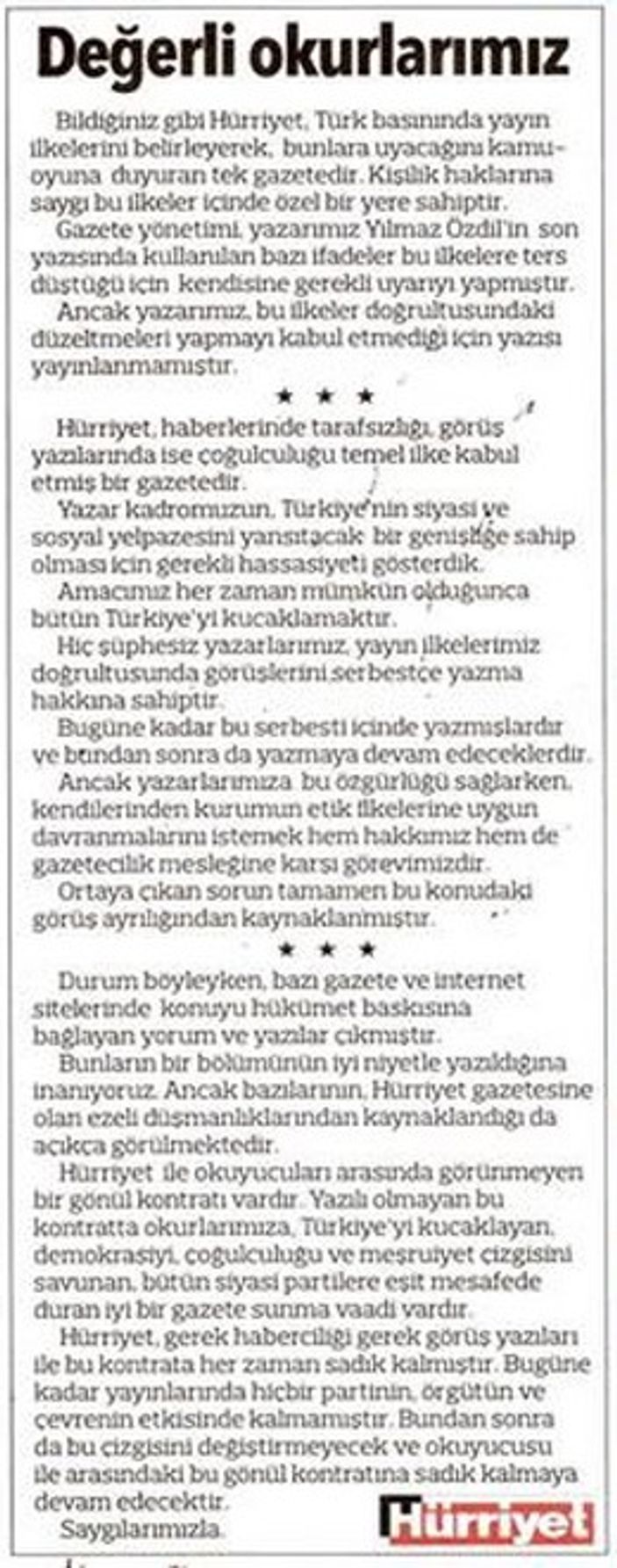Hürriyet'ten Yılmaz Özdil açıklaması