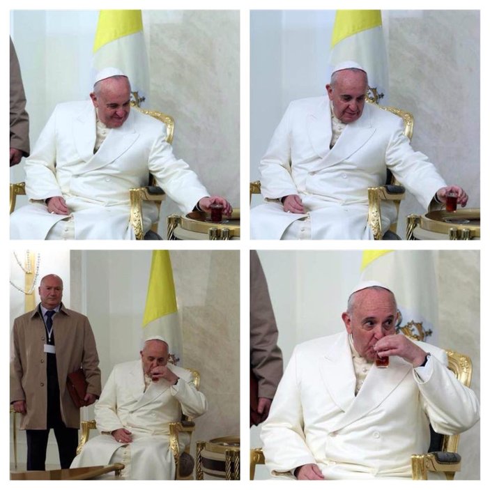 Papa ince belli bardakta Türk çayı içti