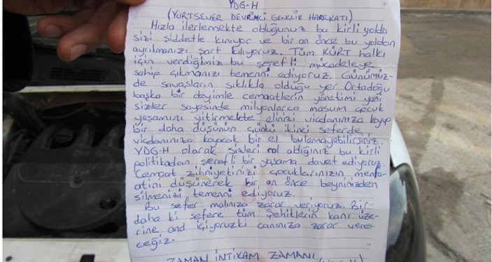 Hüda-Par'lı başkana PKK'dan tehdit mektubu geldi