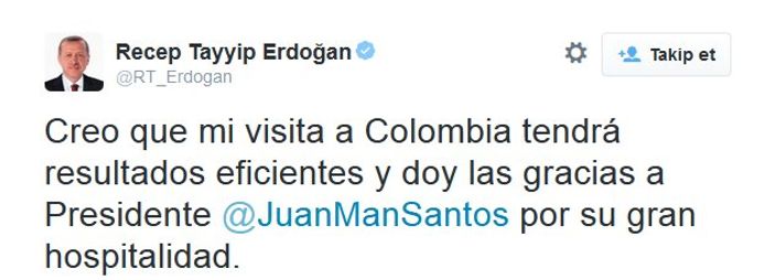 Cumhurbaşkanı Erdoğan'dan Kolombiya tweeti