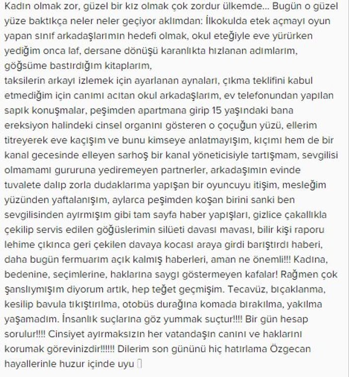 Beren Saat'ten Özgecan için anlamlı mesaj